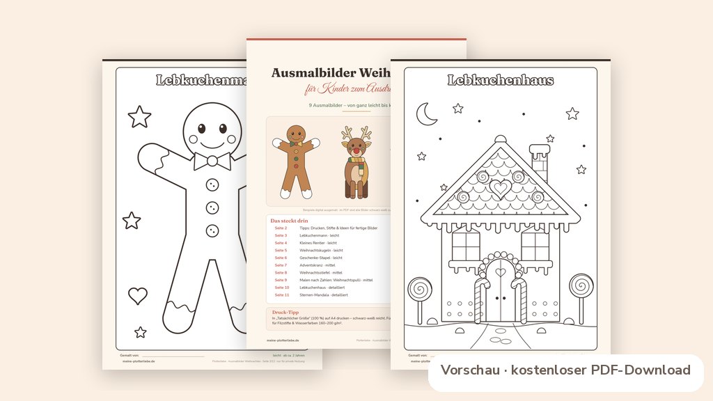 Produktvorschau: echte Seiten aus den Plotterliebe-Printables zum Thema Ausmalbilder Weihnachten zum Ausdrucken: 9 Motive für Kinder gratis (PDF)