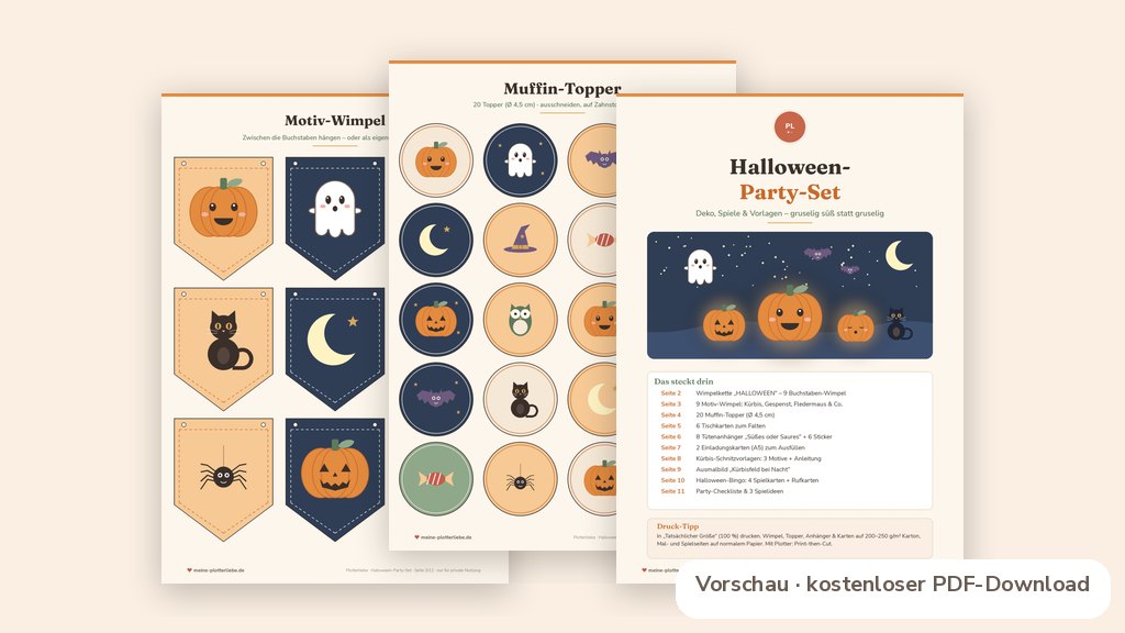 Produktvorschau: echte Seiten aus den Plotterliebe-Printables zum Thema Halloween basteln mit Kindern: Deko-Ideen & Vorlagen gratis