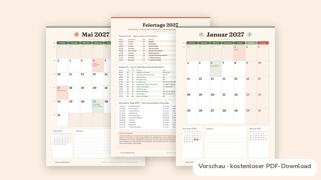 Produktvorschau: echte Seiten aus den Plotterliebe-Printables zum Thema Kalender 2027 zum Ausdrucken: kostenlos als PDF (A4) mit Feiertagen