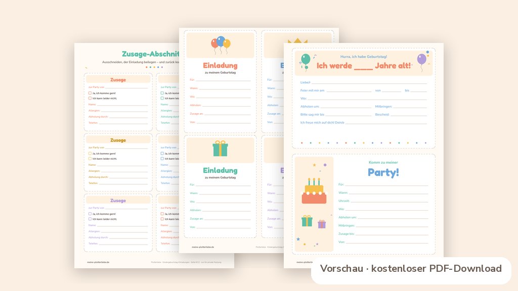 Produktvorschau: echte Seiten aus den Plotterliebe-Printables zum Thema Kindergeburtstag Einladung zum Ausdrucken: Vorlagen gratis + Texte & Spielideen