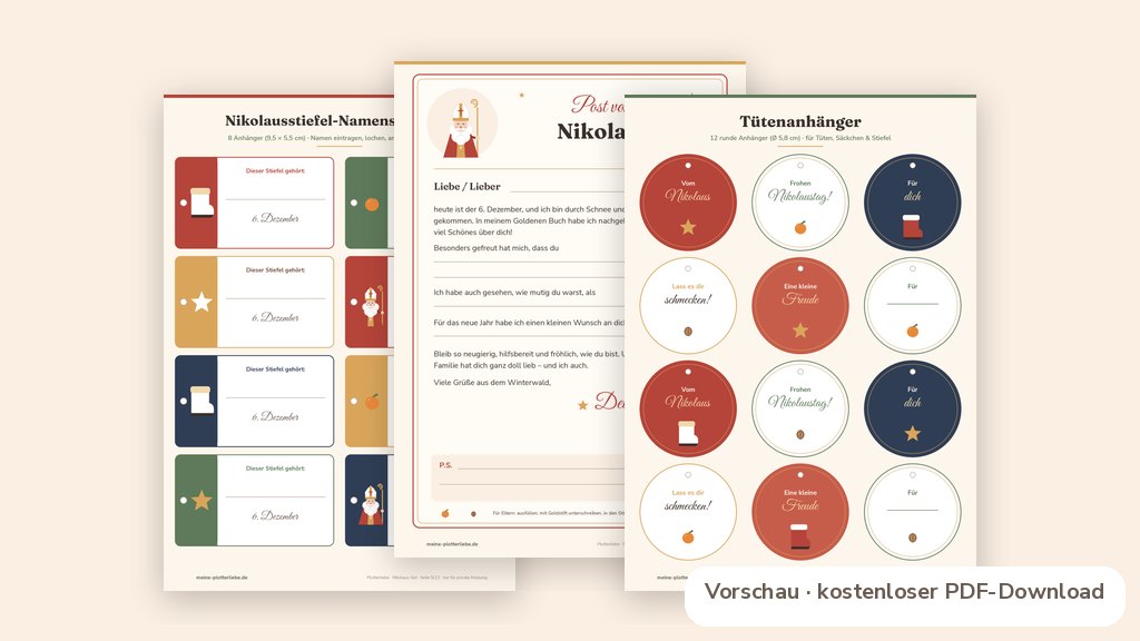 Produktvorschau: echte Seiten aus den Plotterliebe-Printables zum Thema Nikolaus basteln: Vorlagen zum Ausdrucken – Brief vom Nikolaus & mehr gratis