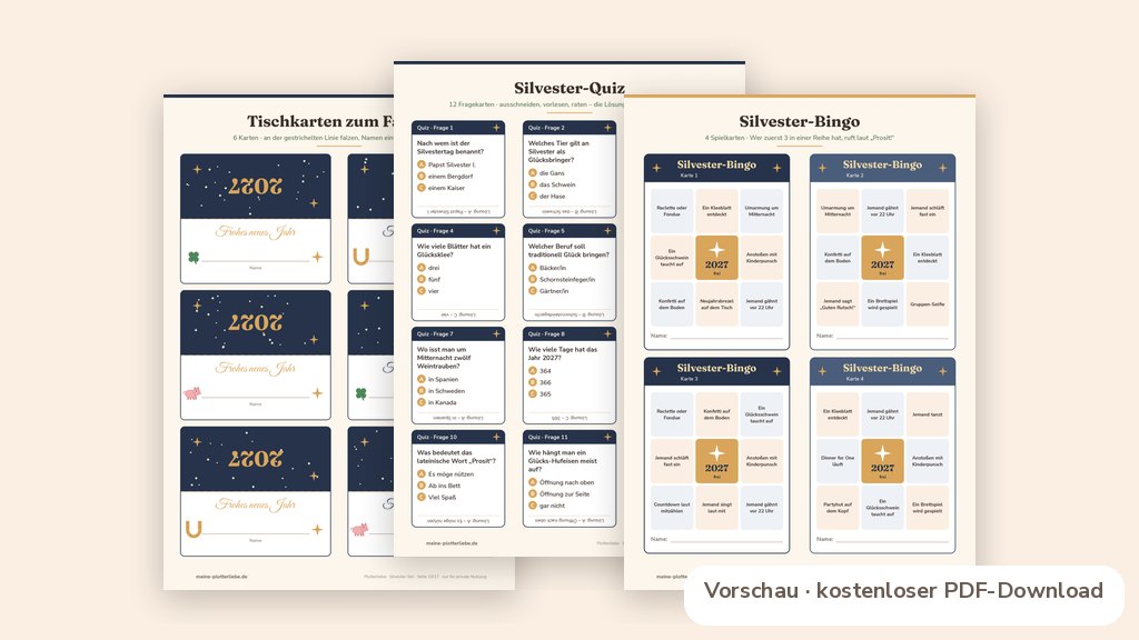 Produktvorschau: echte Seiten aus den Plotterliebe-Printables zum Thema Silvester Deko & Spiele zum Ausdrucken: 10 Seiten Free Printable gratis