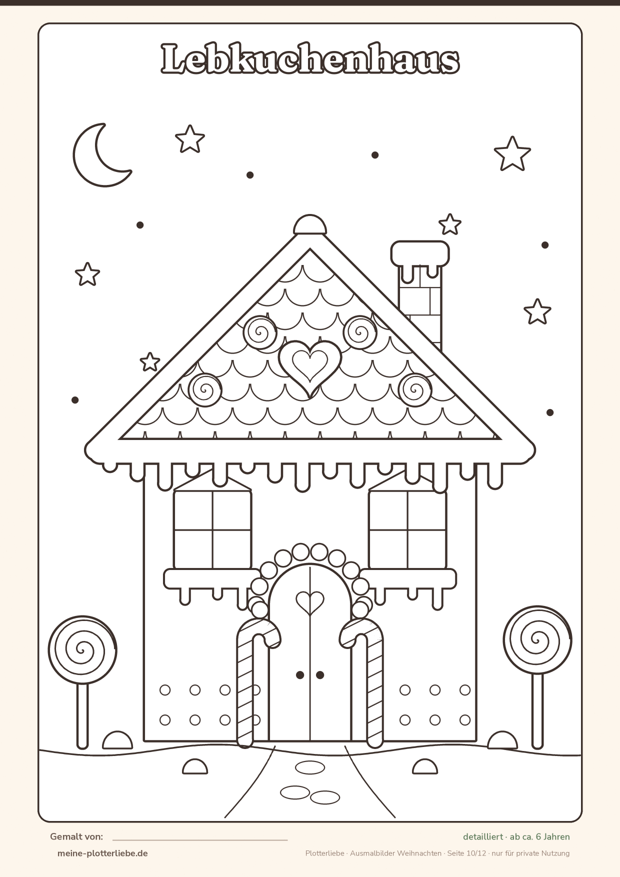 Vorschau Seite 10: Ausmalbild Lebkuchenhaus mit vielen Details