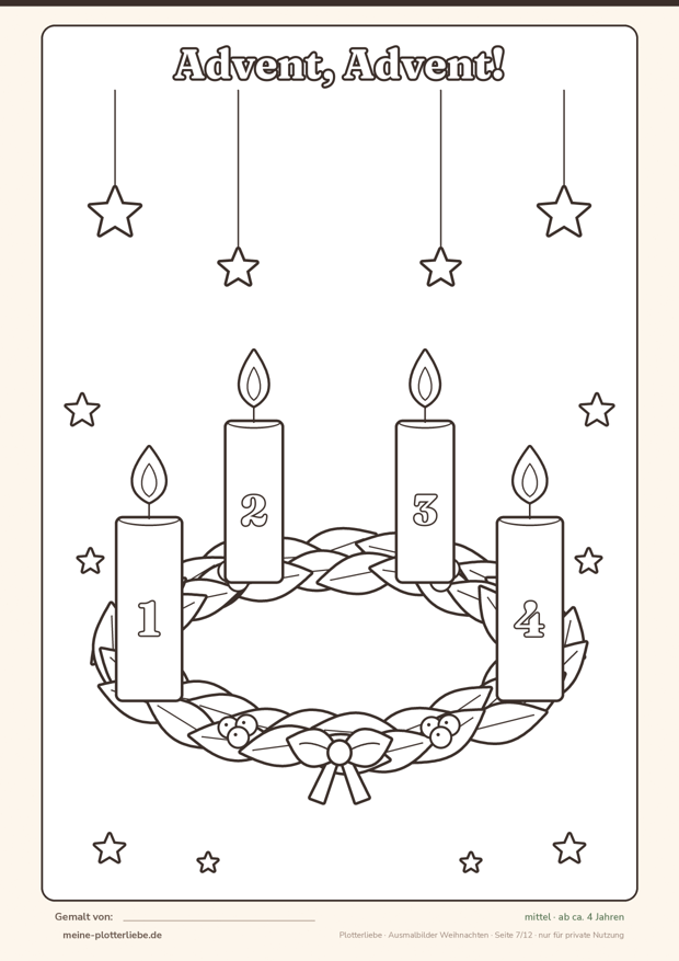 Vorschau Seite 7: Ausmalbild Adventskranz mit vier Kerzen