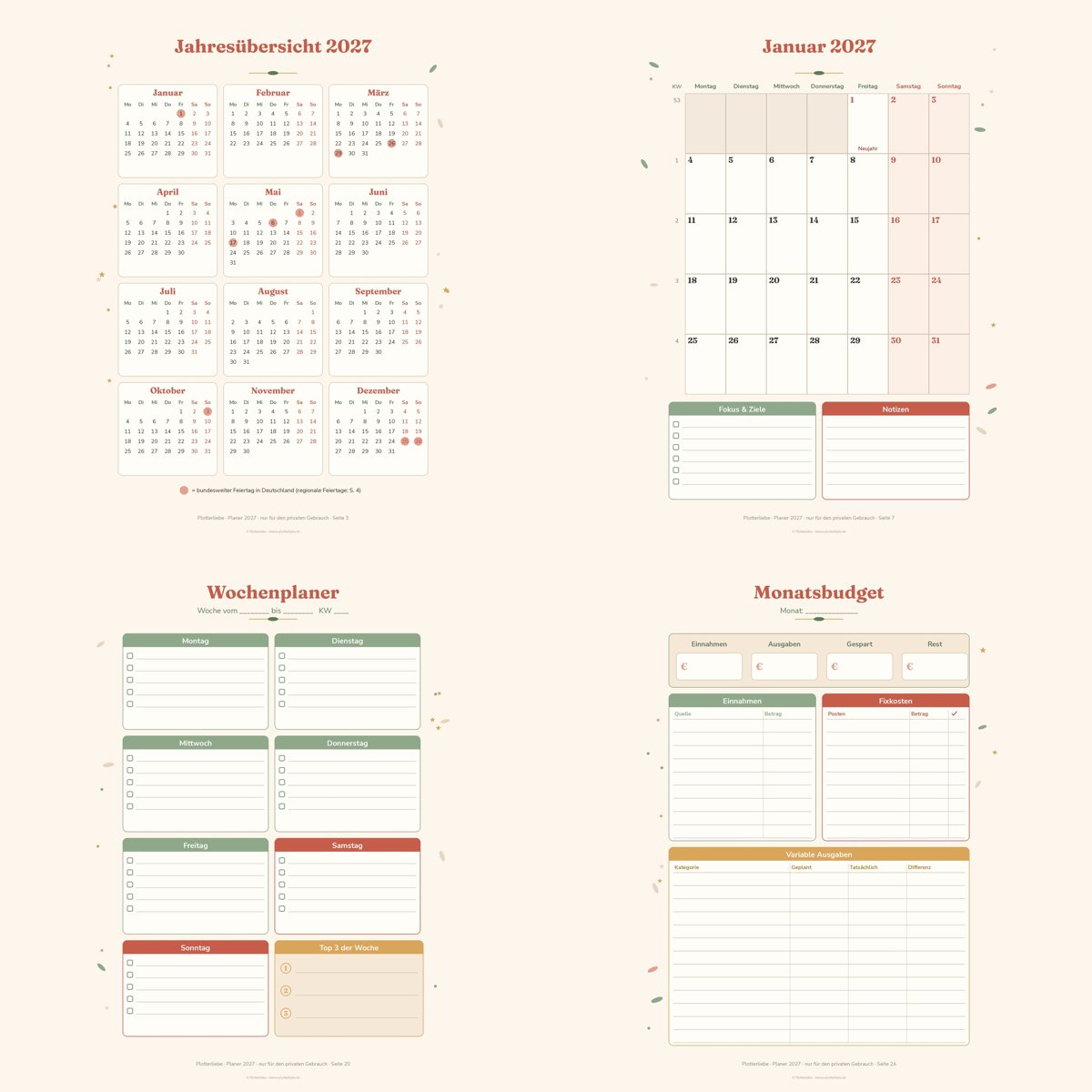 Produktvorschau: Collage aus vier echten Seiten des Planers 2027 – Jahresübersicht, Monatsübersicht Januar, Wochenplaner und Monatsbudget. Eigenes Produkt, nicht der Gratis-Kalender