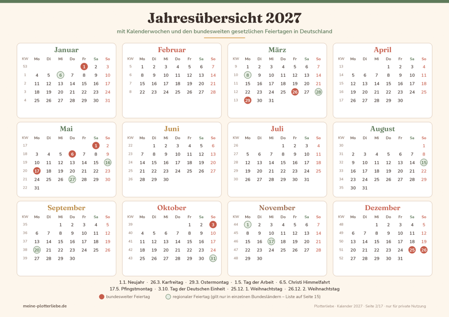 Vorschau Seite 2: Jahresübersicht 2027 im Querformat mit Kalenderwochen und markierten Feiertagen