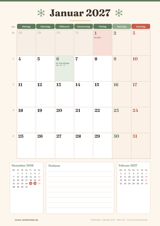 Vorschau Seite 3: Kalender Januar 2027 zum Ausdrucken mit Kalenderwochen und Neujahr