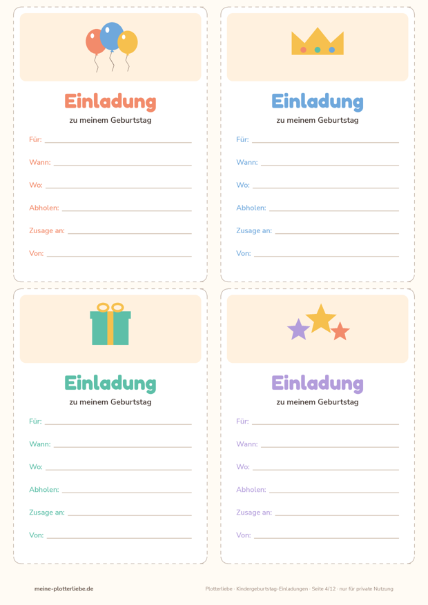Vorschau: vier kleine Einladungskarten mit Luftballons, Krone, Geschenk und Sternen