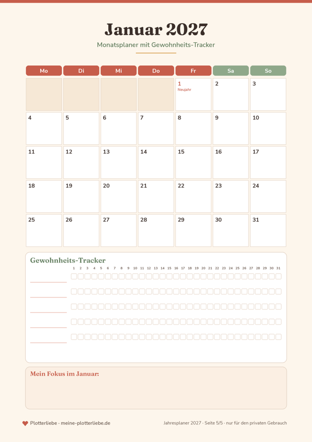Vorschau Seite 5: Januar 2027 + Tracker